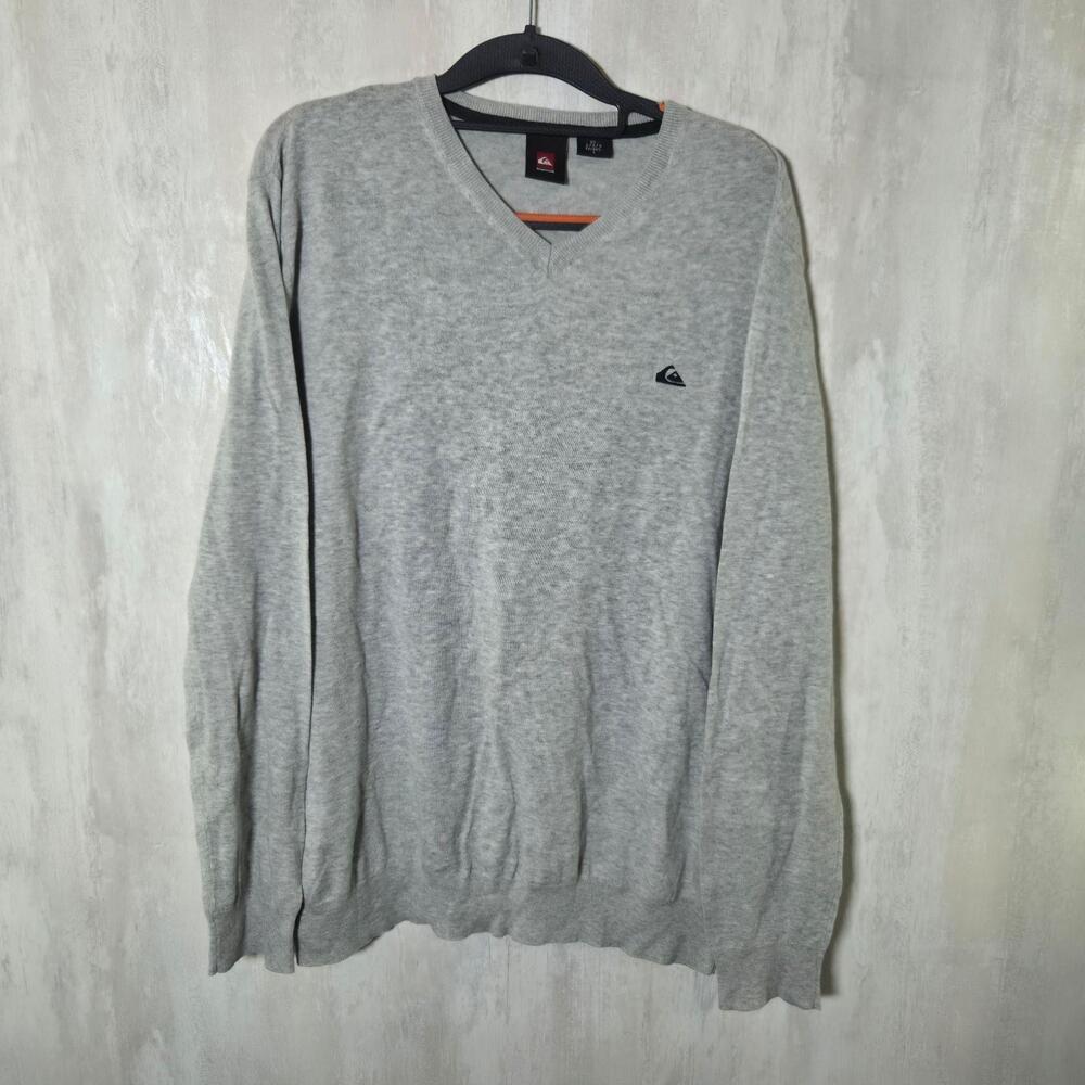 Quiksilver Sweater Mens Large Gray V Neck Cotton Knit Logo Pullover Solid